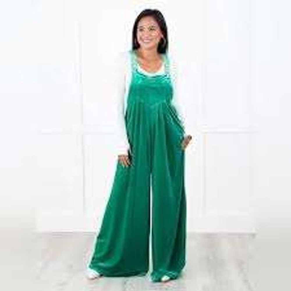 BIBI Womens Emerald Green Velvet Wide Leg Overalls Jumpsuit XL Pockets